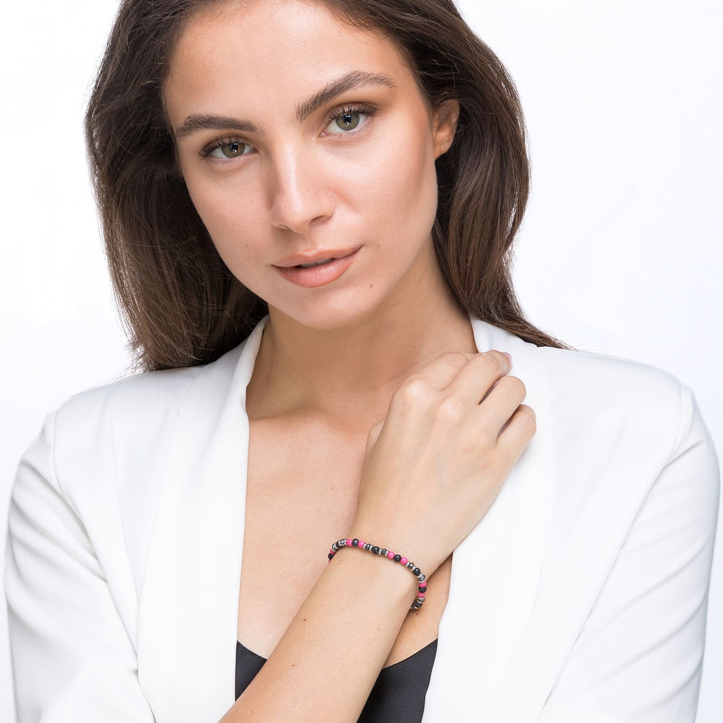 BRACELET EN ACIER AVEC PIERRES ROSES ET NOIRES