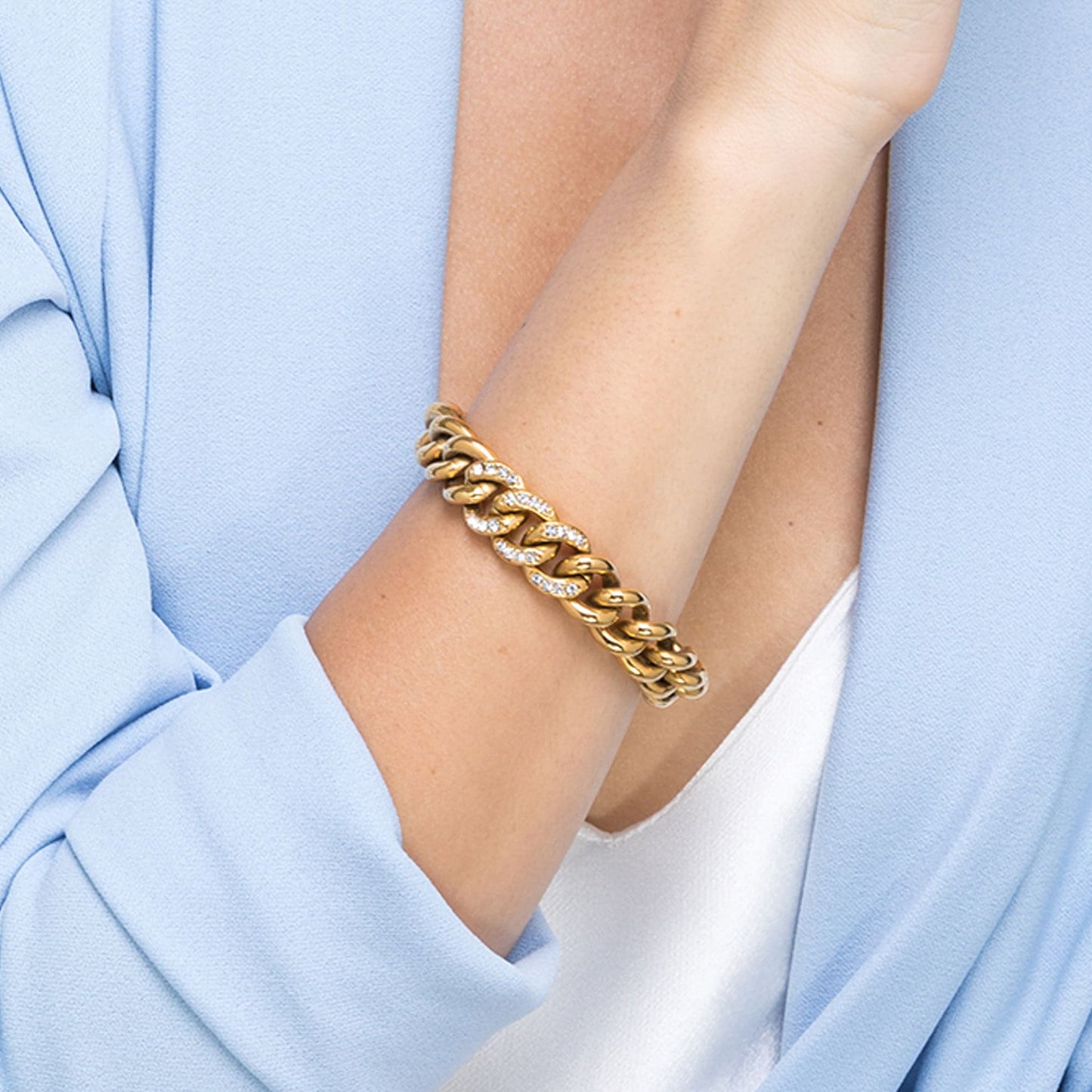 BRACELET EN ACIER POUR FEMME AVEC CHAÎNE À CRISTAUX BLANCS