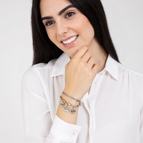 BRACELET FEMME EN ACIER AVEC COURONNE AVEC CRISTAUX BLANCS ET PLAQUES ÉMAILLÉES