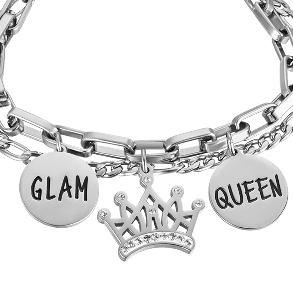 BRACELET FEMME EN ACIER AVEC COURONNE AVEC CRISTAUX BLANCS ET PLAQUES ÉMAILLÉES