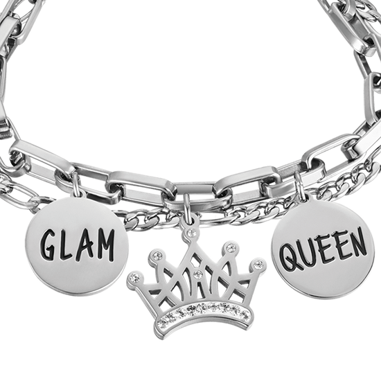 BRACELET FEMME EN ACIER AVEC COURONNE AVEC CRISTAUX BLANCS ET PLAQUES ÉMAILLÉES