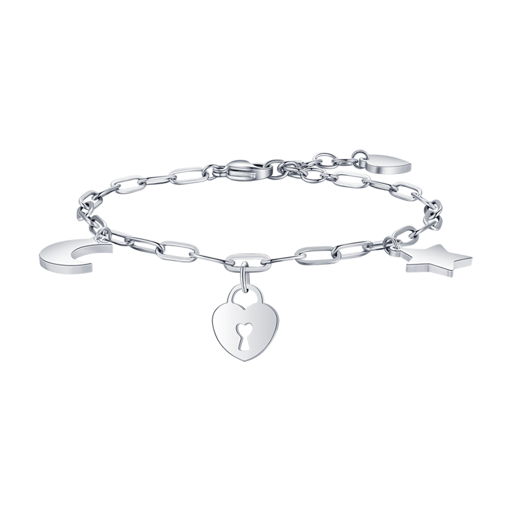 BRACELET EN ACIER POUR FEMMES AVEC CADENAS EN FORME DE CŒUR DE LUNE ET ÉTOILE