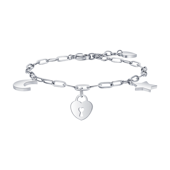 BRACELET EN ACIER POUR FEMMES AVEC CADENAS EN FORME DE CŒUR DE LUNE ET ÉTOILE