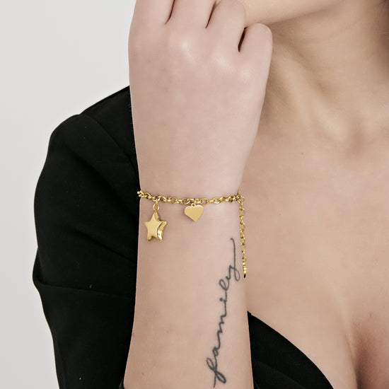 BRACELET FEMME EN ACIER DORÉ IP AVEC ÉTOILE ET CŒUR