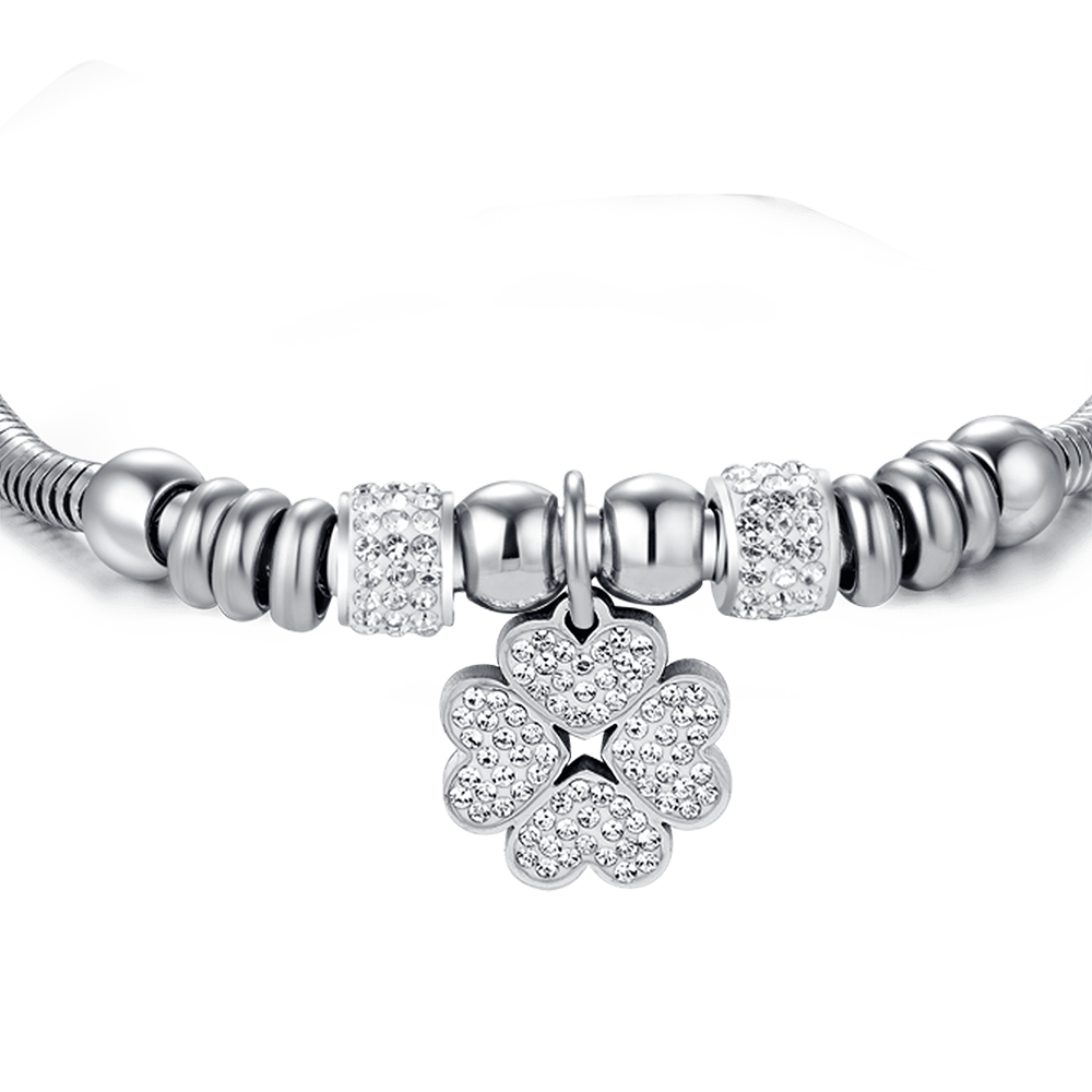 BRACELET FEMME EN ACIER AVEC TRÈFLE À QUATRE FEUILLES AVEC CRISTAUX BLANCS