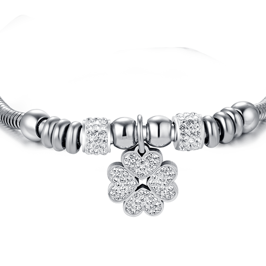 BRACELET FEMME EN ACIER AVEC TRÈFLE À QUATRE FEUILLES AVEC CRISTAUX BLANCS