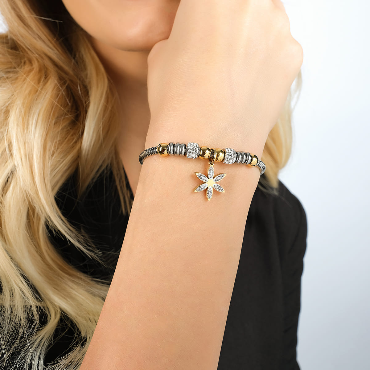 BRACELET FEMME EN ACIER AVEC FLEUR DE VIE AVEC CRISTAUX BLANCS