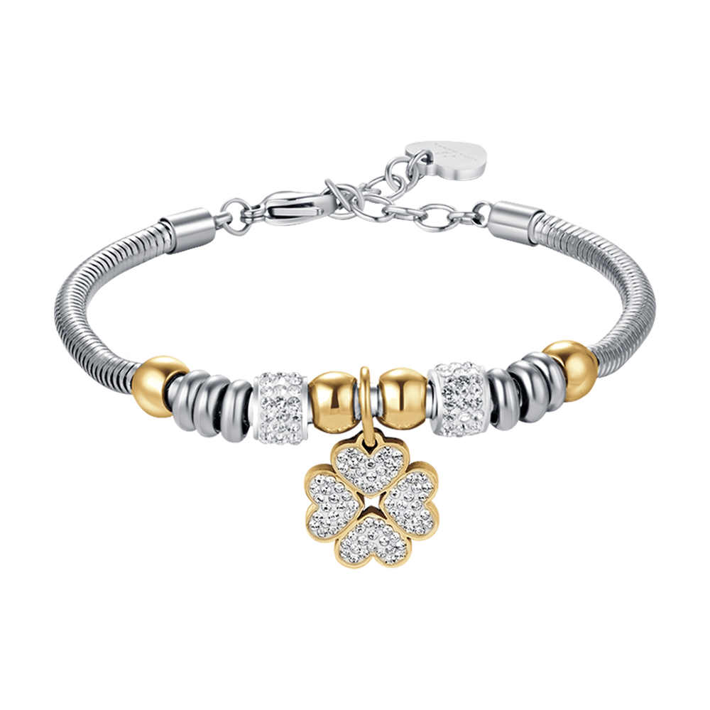 BRACELET FEMME EN ACIER AVEC TRÈFLE À QUATRE FEUILLES AVEC CRISTAUX BLANCS