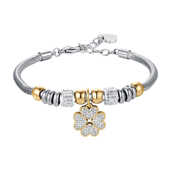 BRACELET FEMME EN ACIER AVEC TRÈFLE À QUATRE FEUILLES AVEC CRISTAUX BLANCS