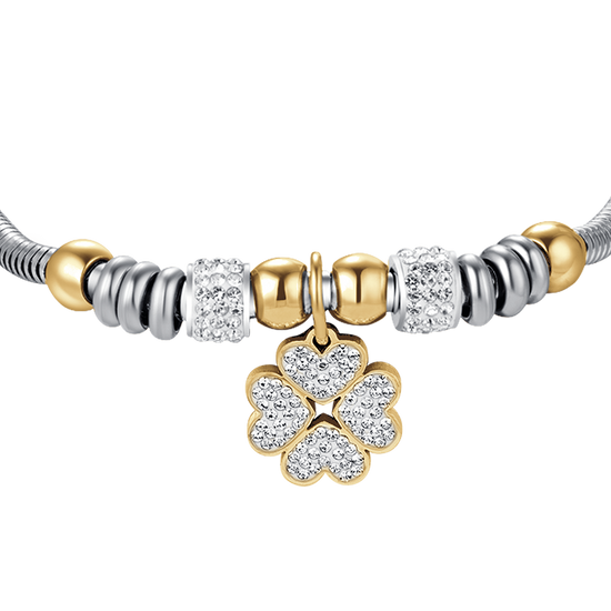 BRACELET FEMME EN ACIER AVEC TRÈFLE À QUATRE FEUILLES AVEC CRISTAUX BLANCS