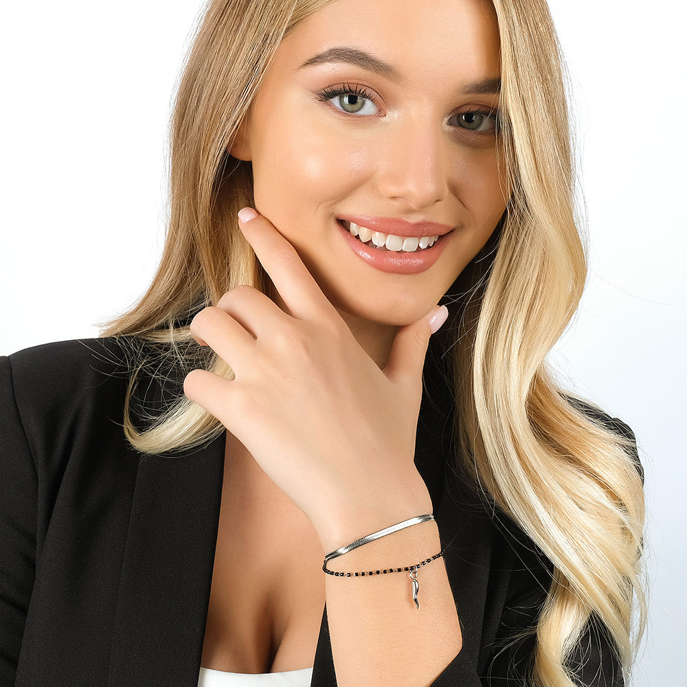 BRACELET FEMME EN ACIER AVEC ÉLÉMENTS EN CORNE ET NOIRS