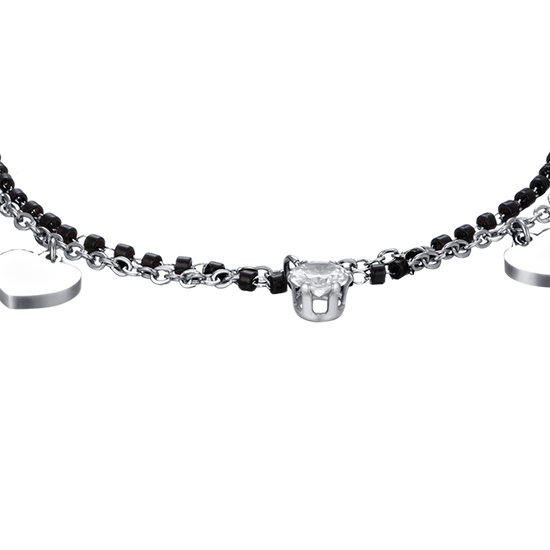 BRACELET EN ACIER POUR FEMME AVEC CŒURS, ÉLÉMENTS NOIRS ET CRISTAL BLANC
