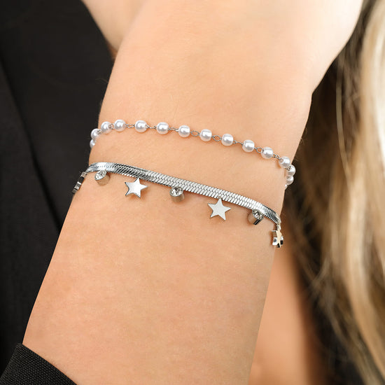 BRACELET POUR FEMME EN ACIER AVEC PERLES, ETOILES ET CRISTAUX BLANCS Luca Barra