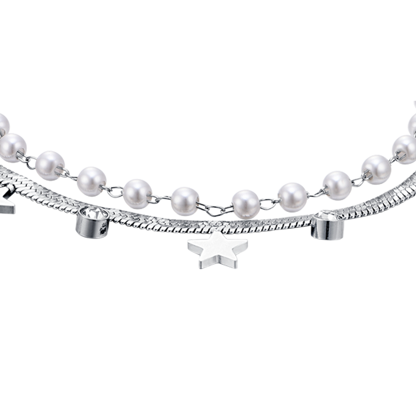 BRACELET POUR FEMME EN ACIER AVEC PERLES BLANCHES, ÉTOILES ET CRISTAUX