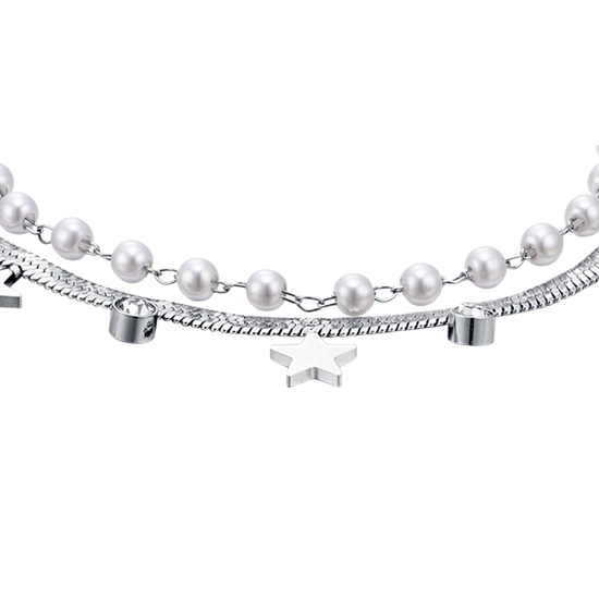 BRACELET POUR FEMME EN ACIER AVEC PERLES BLANCHES, ÉTOILES ET CRISTAUX