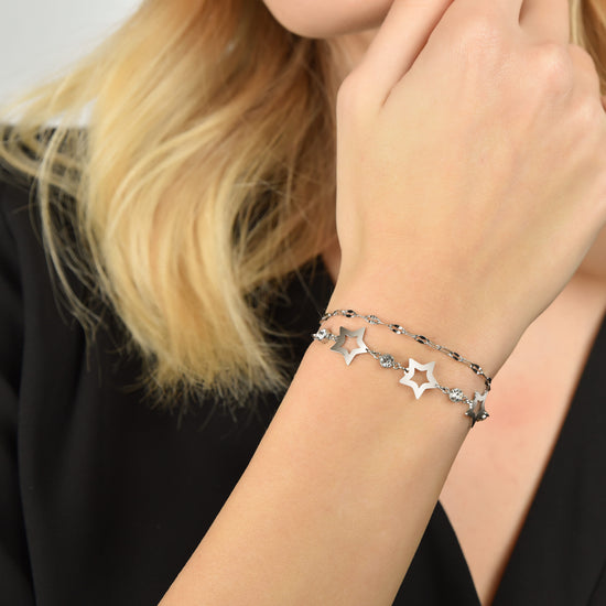 BRACELET MULTI-FILES EN ACIER POUR FEMME AVEC ÉTOILES PERFORÉES ET CRISTAUX BLANCS Luca Barra