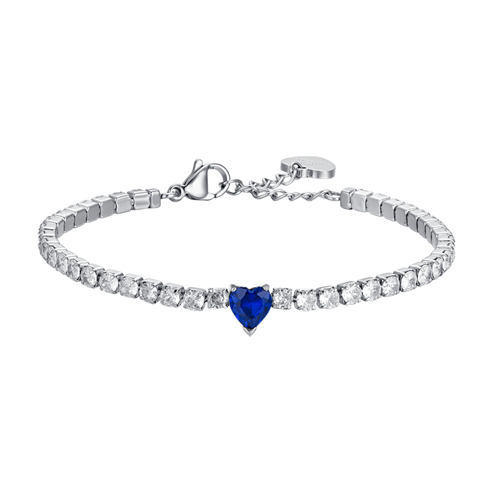 BRACCIALE TENNIS DONNA IN ACCIAIO CON CRISTALLI BIANCHI E CUORE CRISTALLO BLU Luca Barra