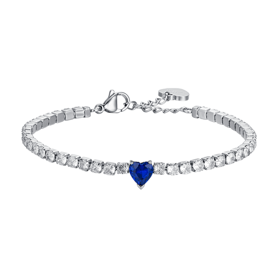 BRACCIALE TENNIS DONNA IN ACCIAIO CON CRISTALLI BIANCHI E CUORE CRISTALLO BLU Luca Barra