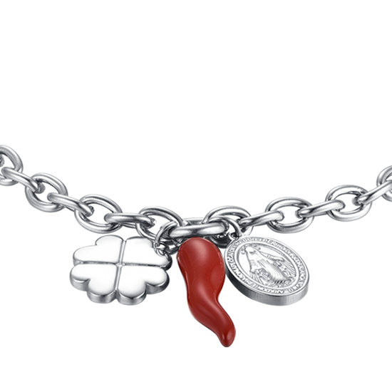 BRACELET EN ACIER POUR FEMMES AVEC TRÈFLE À QUATRE FEUILLES, CORNE ET BRELOQUE DE MADONE