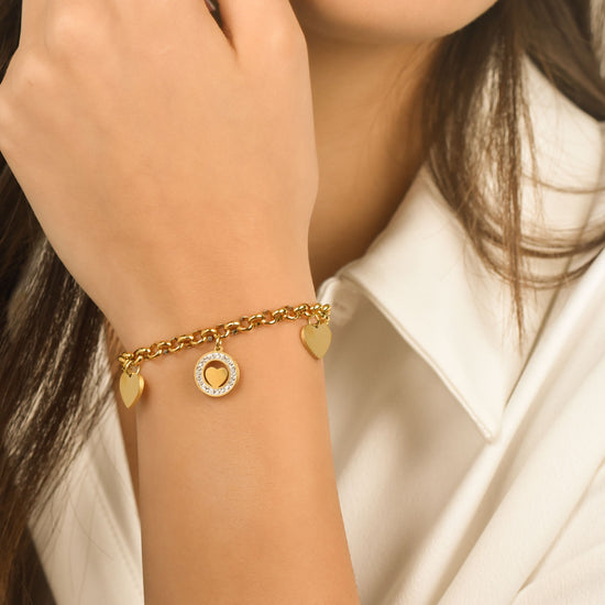 BRACELET EN ACIER POUR FEMMES AVEC CŒURS ET CRISTAUX BLANCS