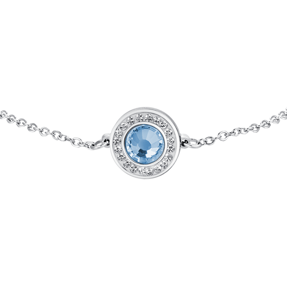 BRACELET EN ACIER POUR FEMME ÉLÉMENT EN CRISTAL AIGUE-MARINE ET CRISTAUX BLANCS