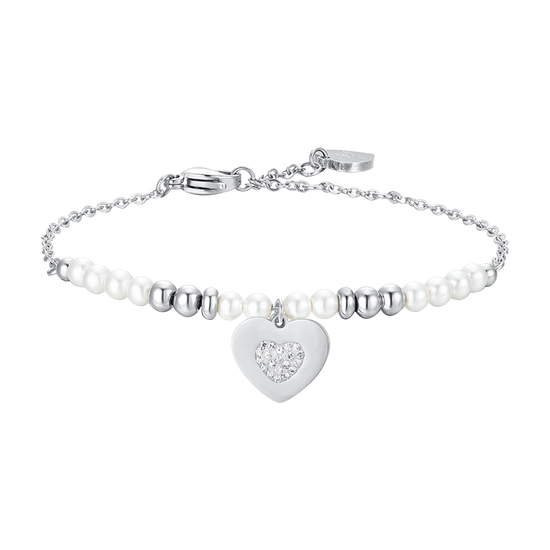 BRACCIALE DONNA IN ACCIAIO CON PERLE SINTETICHE E CUORE