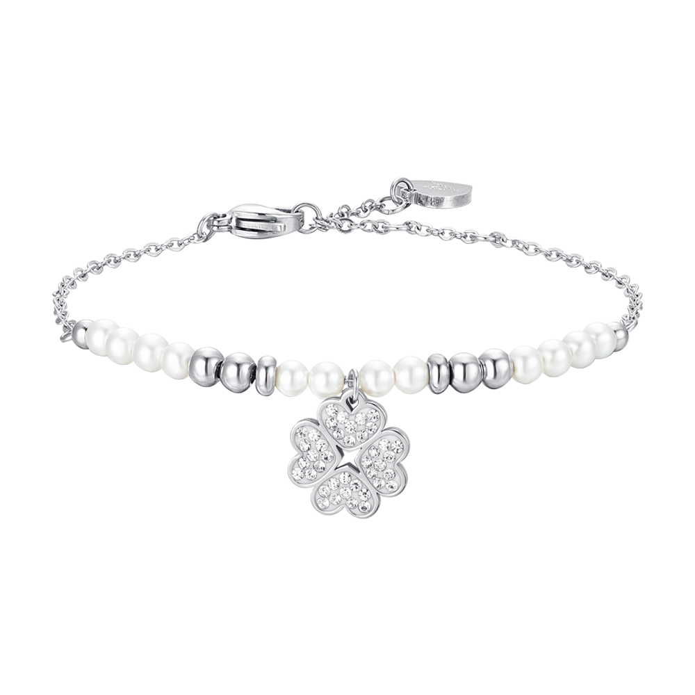 BRACELET FEMME EN ACIER AVEC PERLES ET TRÈFLE À QUATRE FEUILLES