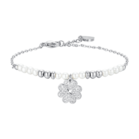 BRACELET FEMME EN ACIER AVEC PERLES ET TRÈFLE À QUATRE FEUILLES