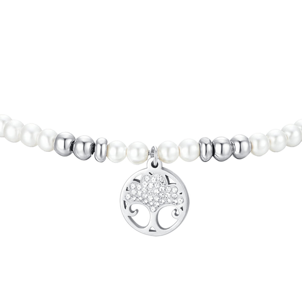 BRACCIALE DONNA IN ACCIAIO CON PERLE SINTETICHE E ALBERO DELLA VITA