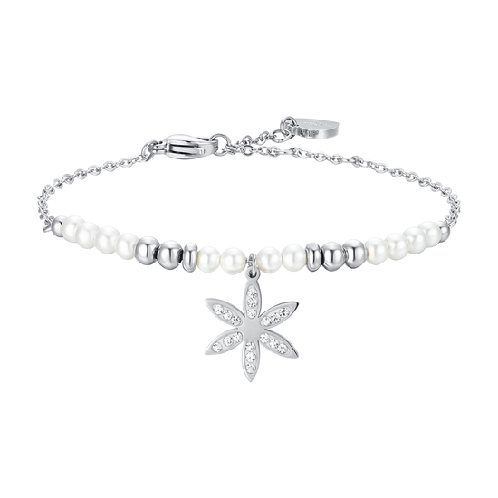 BRACCIALE DONNA IN ACCIAIO CON PERLE SINTETICHE E FIORE DELLA VITA