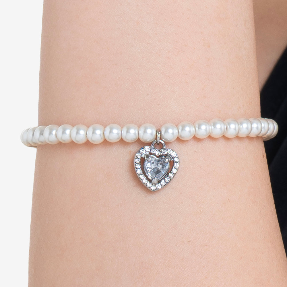 BRACELET COEUR EN ACIER, PERLE ET ZIRCON BLANC
