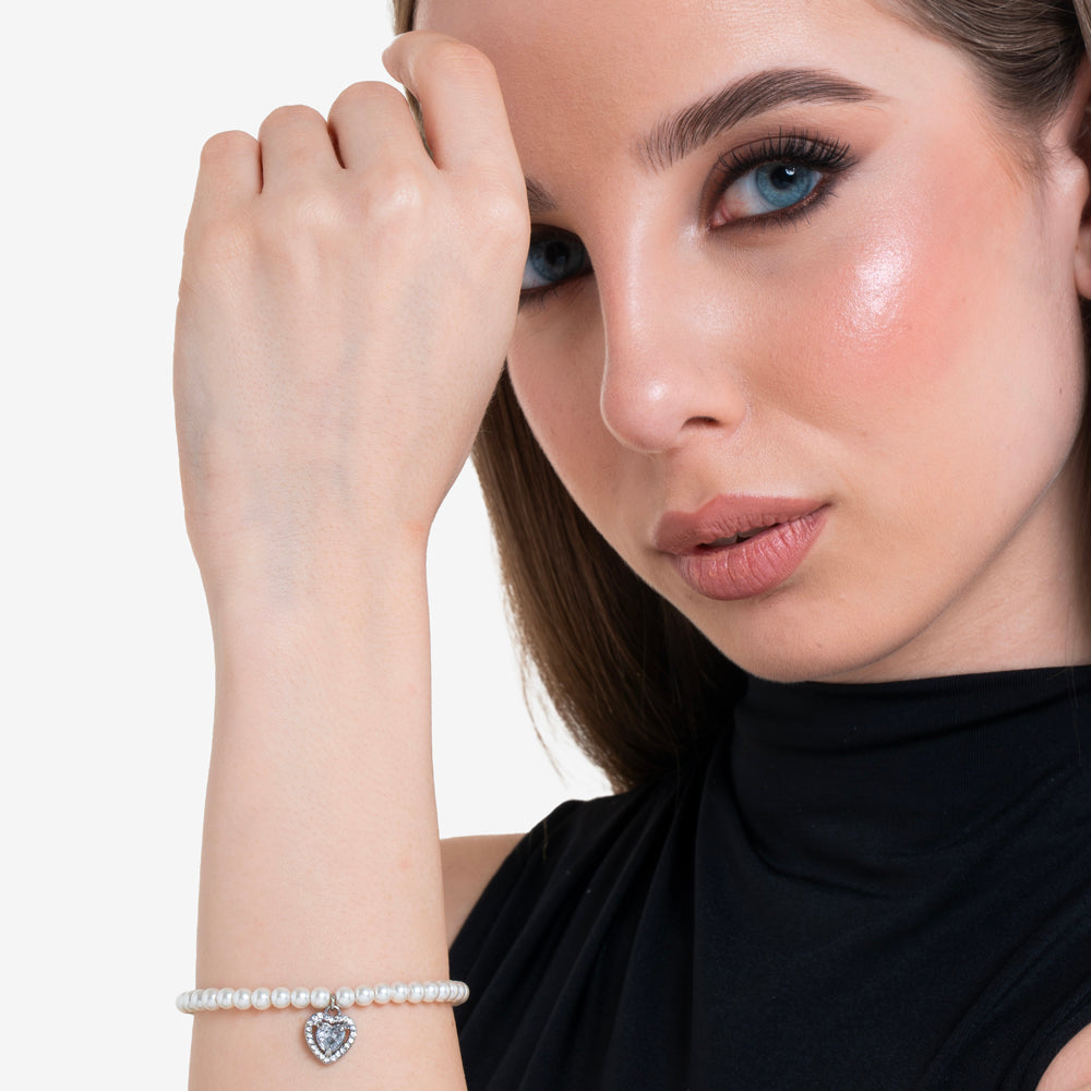 BRACCIALE DONNA IN ACCIAIO PERLE SINTETICHE E CUORE ZIRCONE BIANCO
