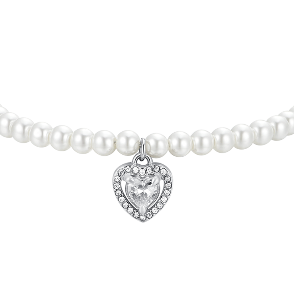 BRACCIALE DONNA IN ACCIAIO PERLE SINTETICHE E CUORE ZIRCONE BIANCO