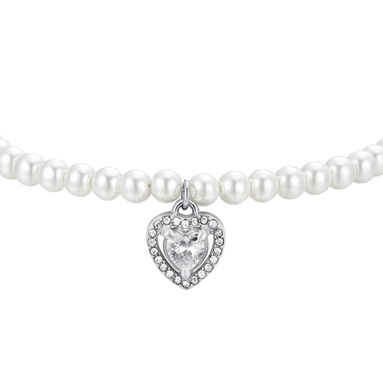 BRACCIALE DONNA IN ACCIAIO PERLE SINTETICHE E CUORE ZIRCONE BIANCO