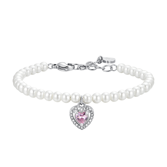 BRACCIALE DONNA IN ACCIAIO PERLE E CUORE ZIRCONE ROSA Luca Barra