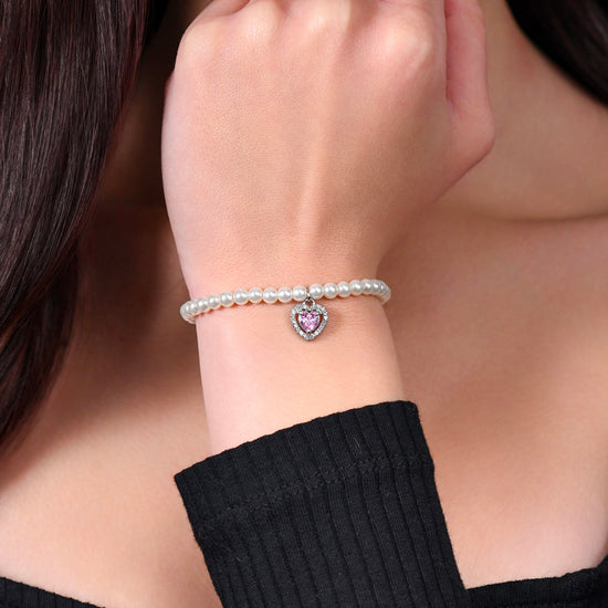 BRACCIALE DONNA IN ACCIAIO PERLE E CUORE ZIRCONE ROSA Luca Barra