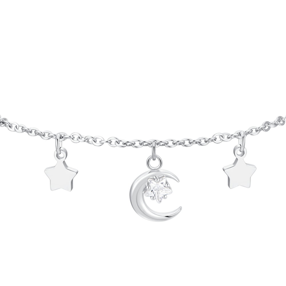BRACCIALE DONNA IN ACCIAIO, LUNA CON ZIRCONE BIANCO E STELLE