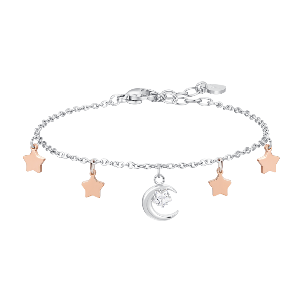 BRACCIALE DONNA IN ACCIAIO, LUNA CON ZIRCONE BIANCO E STELLE IP ROSE