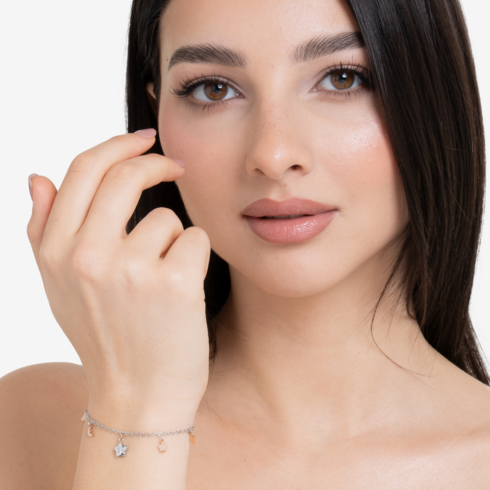 BRACCIALE DONNA IN ACCIAIO, STELLA CON ZIRCONE BIANCO, LUNE E STELLE IP ROSE