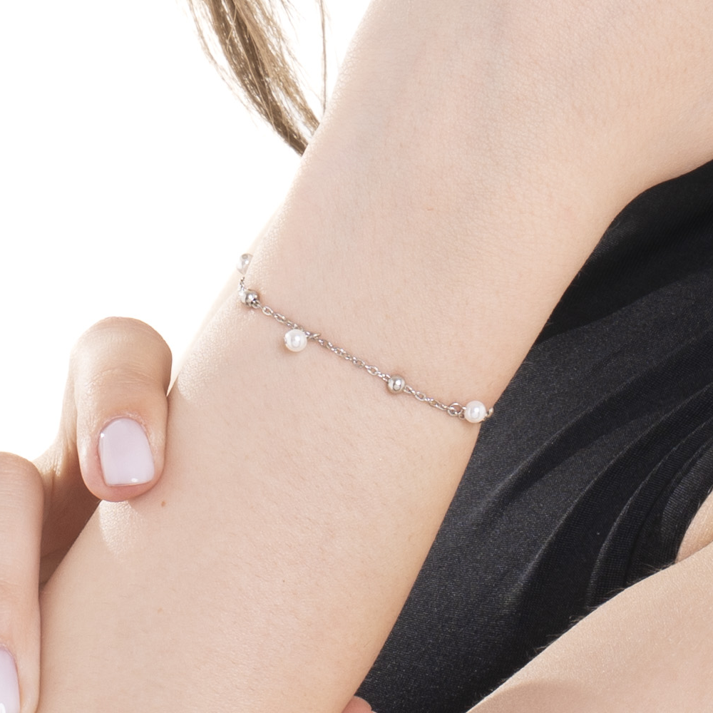BRACELET FEMME EN ACIER AVEC PERLES BLANCHES