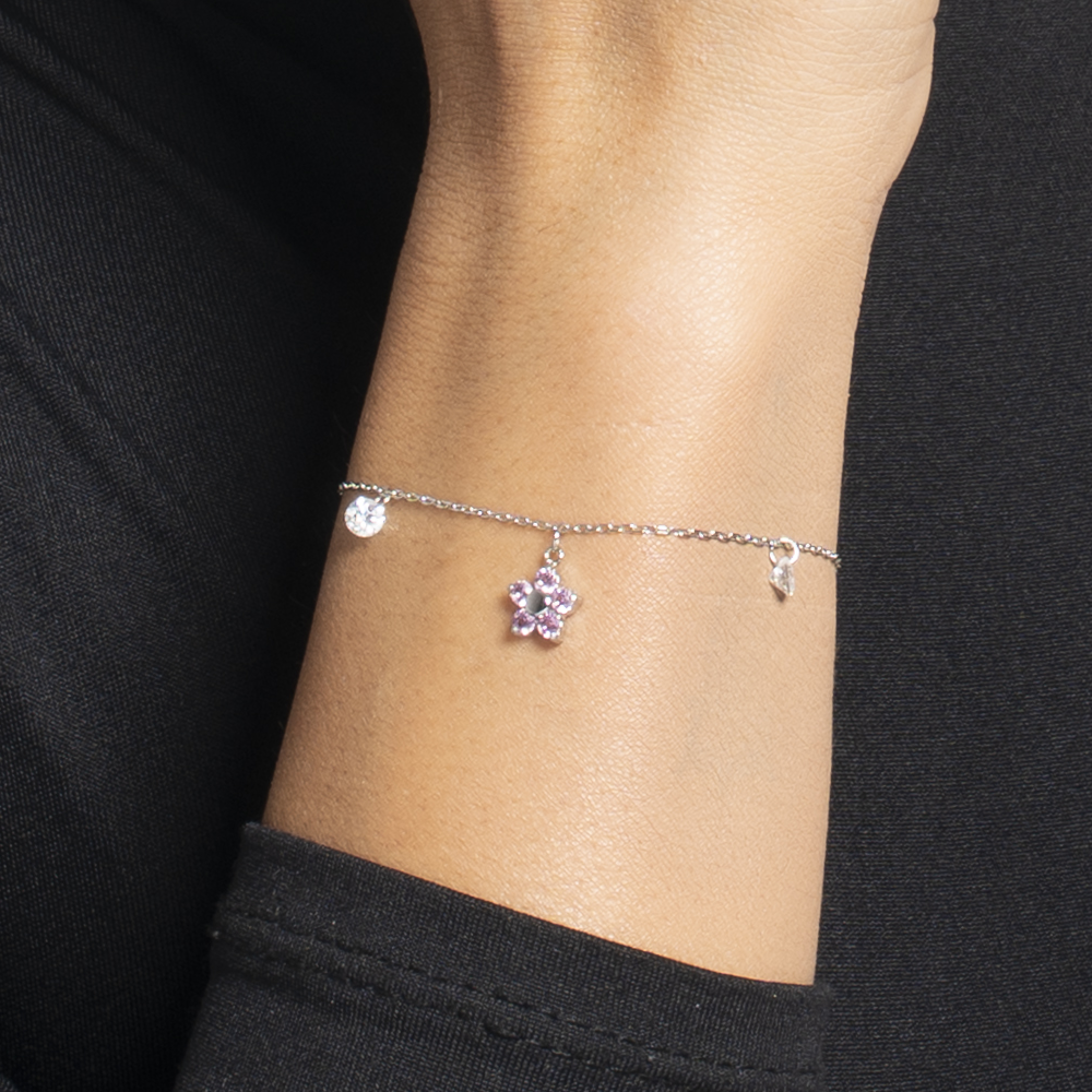 BRACCIALE DONNA IN ACCIAIO CON PENDENTE FIORE E PETALI ZIRCONE ROSA