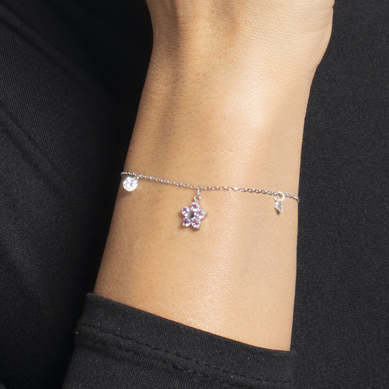BRACCIALE DONNA IN ACCIAIO CON PENDENTE FIORE E PETALI ZIRCONE ROSA