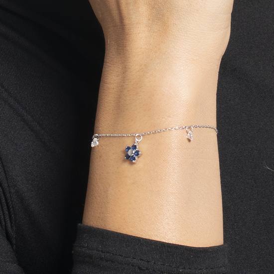 BRACCIALE DONNA IN ACCIAIO CON PENDENTE FIORE E PETALI ZIRCONE BLU