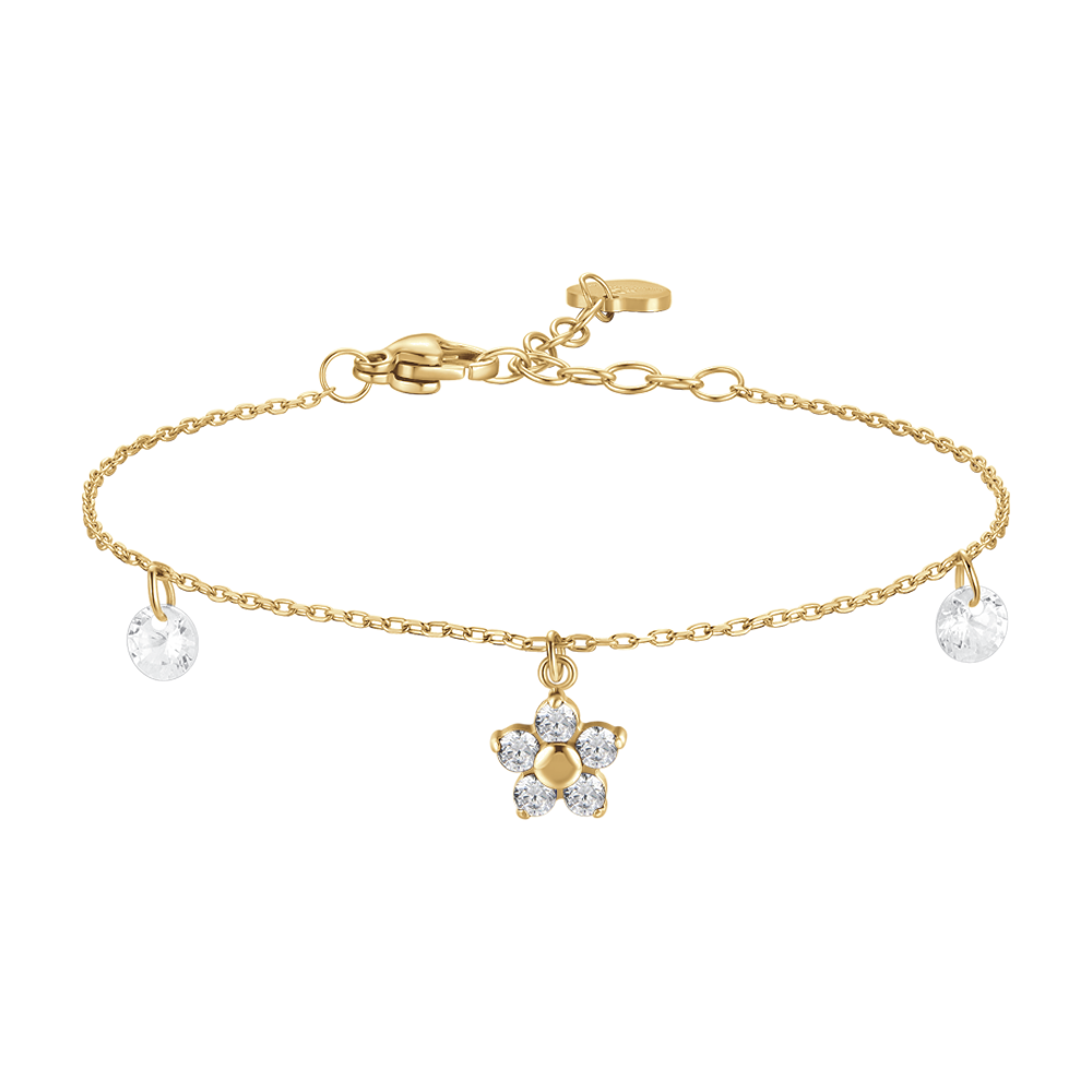 BRACCIALE DONNA IN ACCIAIO COLORE ORO CON PENDENTE FIORE E PETALI ZIRCONE VERDE