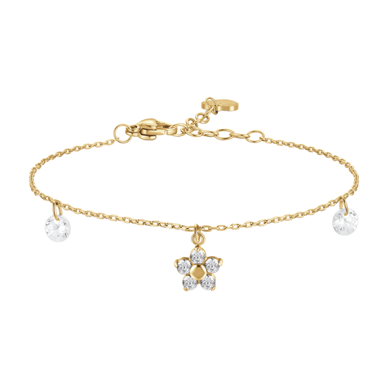 BRACCIALE DONNA IN ACCIAIO COLORE ORO CON PENDENTE FIORE E PETALI ZIRCONE VERDE