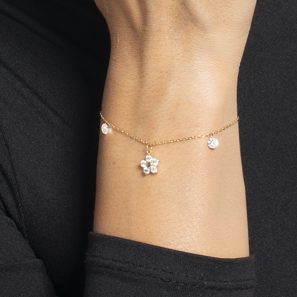 BRACCIALE DONNA IN ACCIAIO COLORE ORO CON PENDENTE FIORE E PETALI ZIRCONE VERDE
