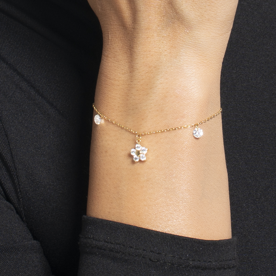 BRACCIALE DONNA IN ACCIAIO COLORE ORO CON PENDENTE FIORE E PETALI ZIRCONE VERDE