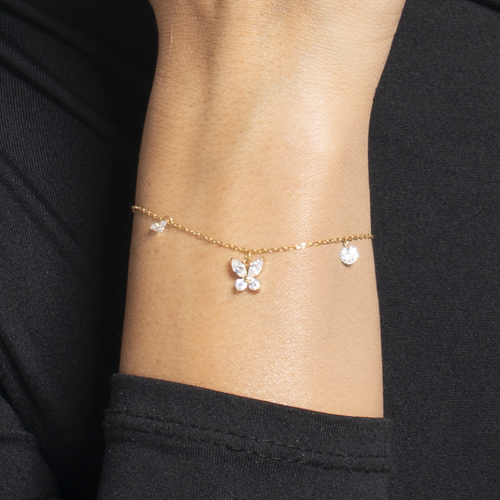 BRACCIALE DONNA IN ACCIAIO COLORE ORO CON PENDENTE FARFALLA ED ALI ZIRCONE BIANC