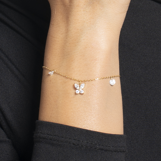 BRACCIALE DONNA IN ACCIAIO COLORE ORO CON PENDENTE FARFALLA ED ALI ZIRCONE BIANC