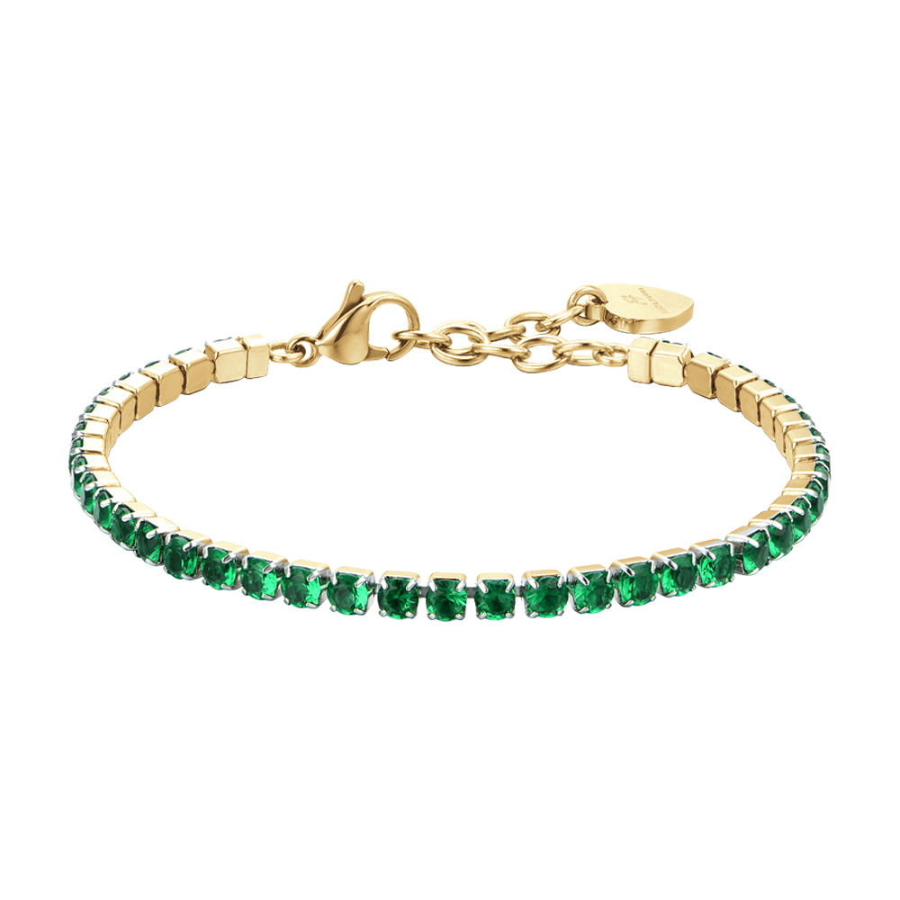 BRACCIALE DONNA TENNIS IN ACCIAIO IP GOLD CON CRISTALLI VERDI